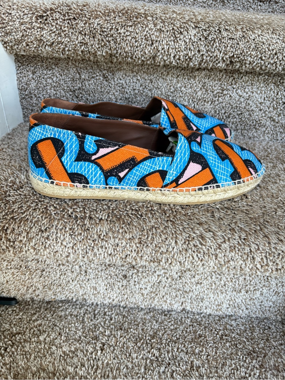 Burberry Men’s Blue & Orange Colorful Patterned Espadrille Canvas Slip-Ons